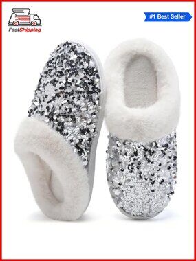 🎅 Women's Sequin Slippers Memory Foam Plush Lined House Shoes Slip On